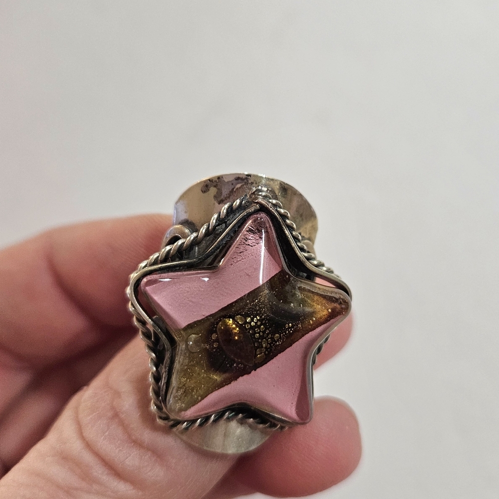 Silver pink and brown star ring